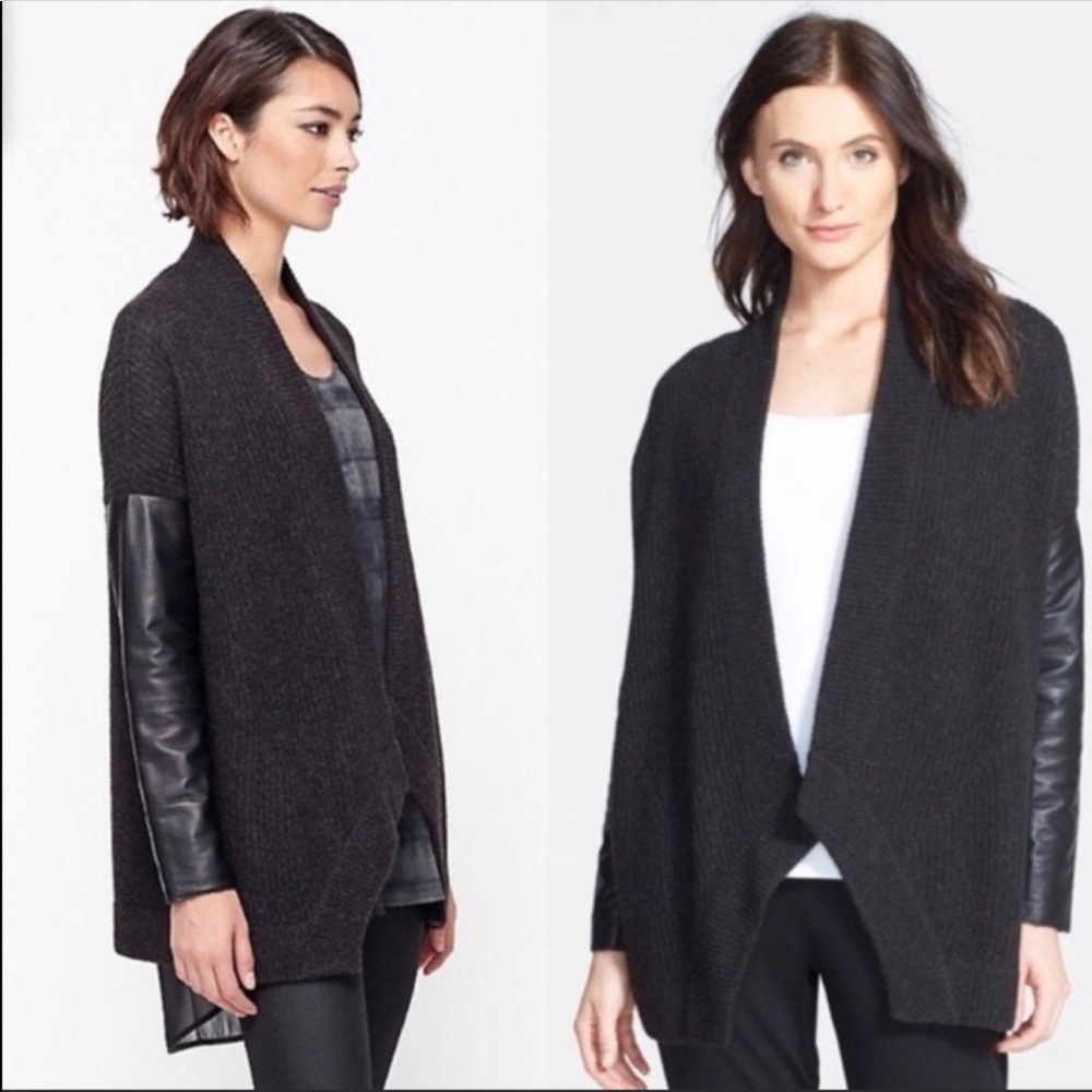 Eileen Fisher Yak Wool Leather Cardigan Sweater Chunky Ribbed Knit Small Gray